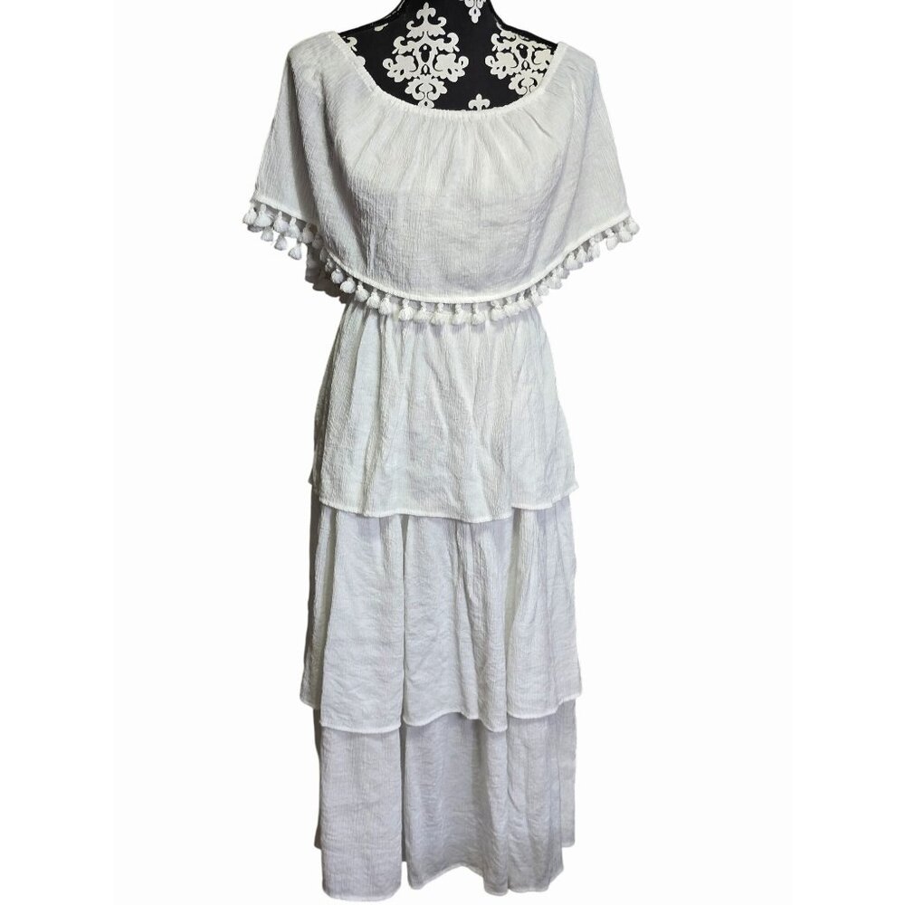 Jodifl Boho White Off Shoulder Tiered Maxi Dress Pom Pom Trim Medium Romantic